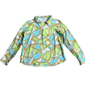 ICIKULS Equestrian Print 1/4 Zip Polo Shirt Large Top Vented Mesh Arm Golf Dry